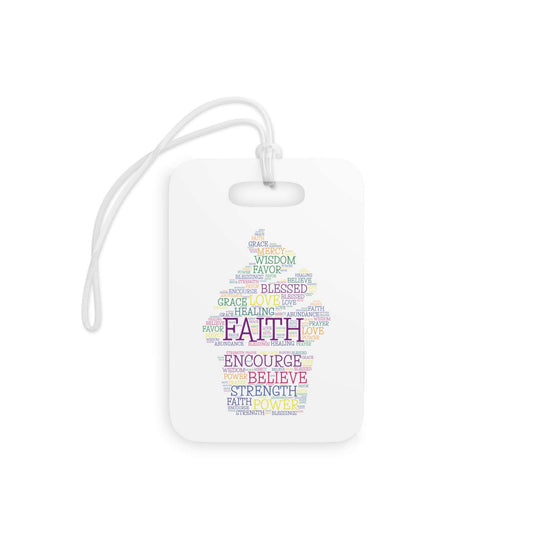 Inspirational Faith Luggage Tag with colorful words like 'Faith', 'Encourage', 'Believe'; durable plastic with flexible acrylic tie.