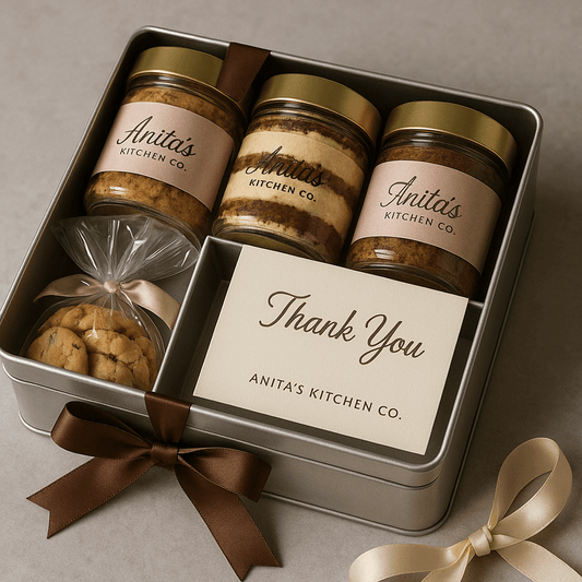Client Appreciation Box with Lux Treat Tin, featuring 3 cake jars, cookies, and a thank-you note, customizable with your logo.