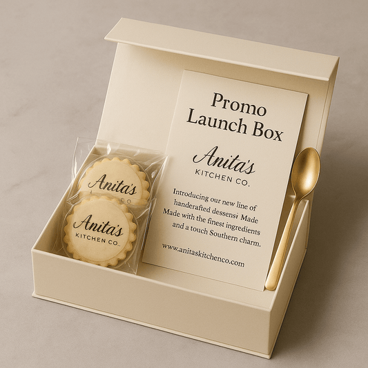 Promo Launch Box featuring branded edible logo cookies and treats, perfect for events, product launches, and promotional swag.